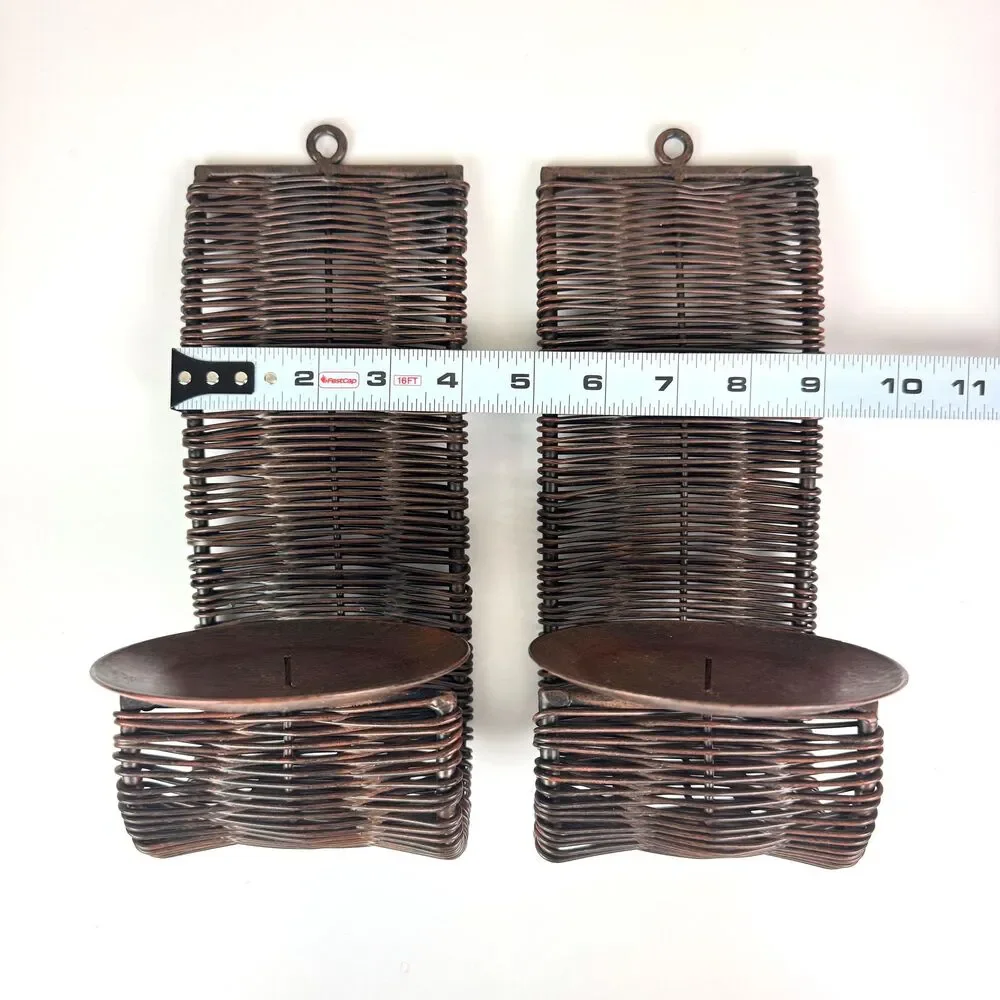 Vintage Pair of Woven Metal Candle Holder Wall Sconces / Rustic Brutalist Decor